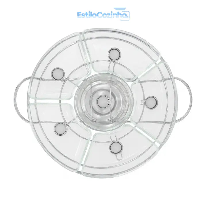 Rechaud Giratório Com 6 Compartimentos Aço Inox E Vidro 52cm + BRINDE 100 Velas para Rechaud